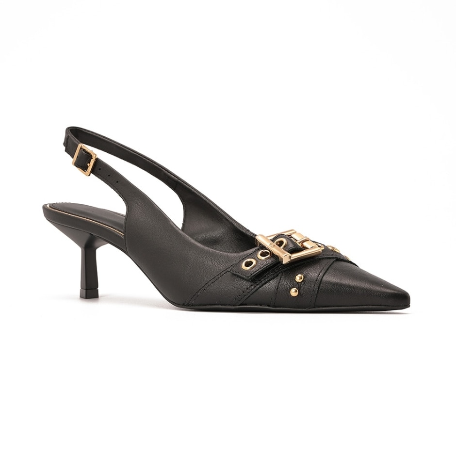 Scarpin Slingback Preto com Detalhe de Fivela