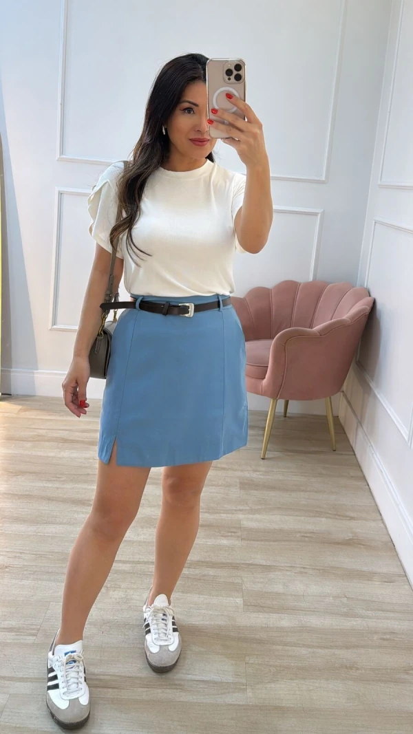 Saia Curta Twill Fenda Frontal Deise Cinto Couro Eco