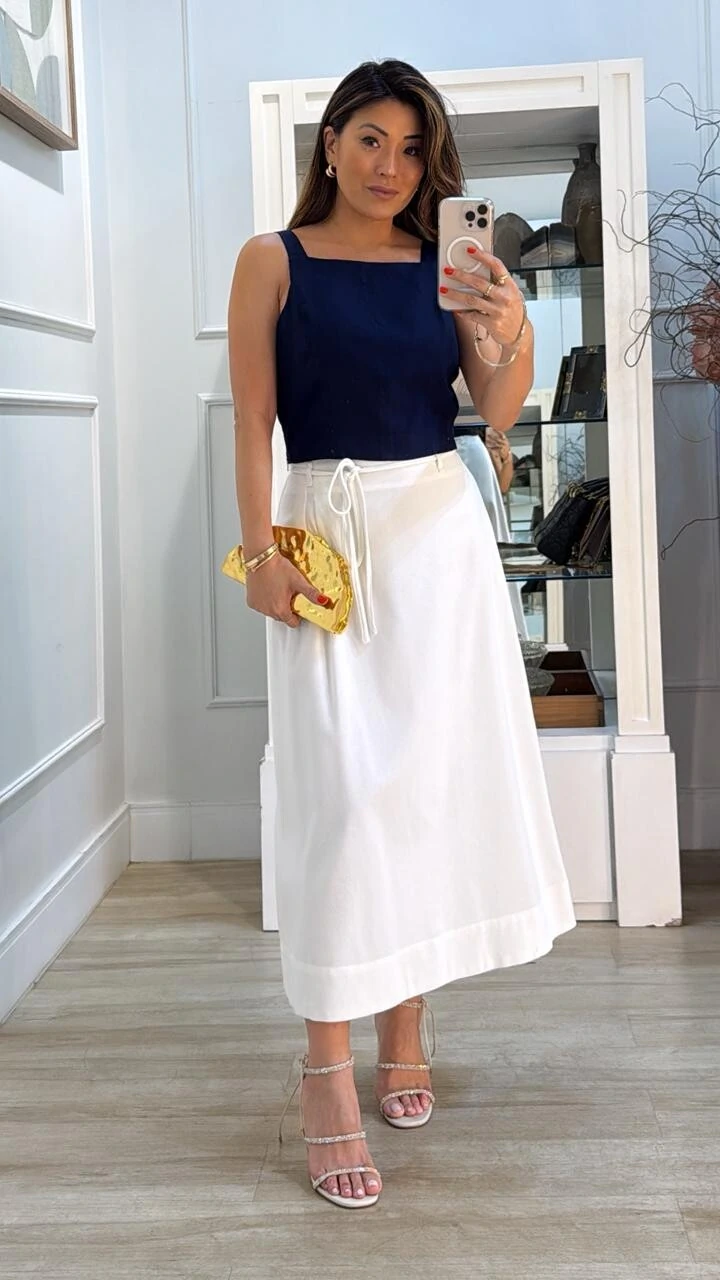 Saia Midi Evasê Prega Lateral Jolie Cinto Corda